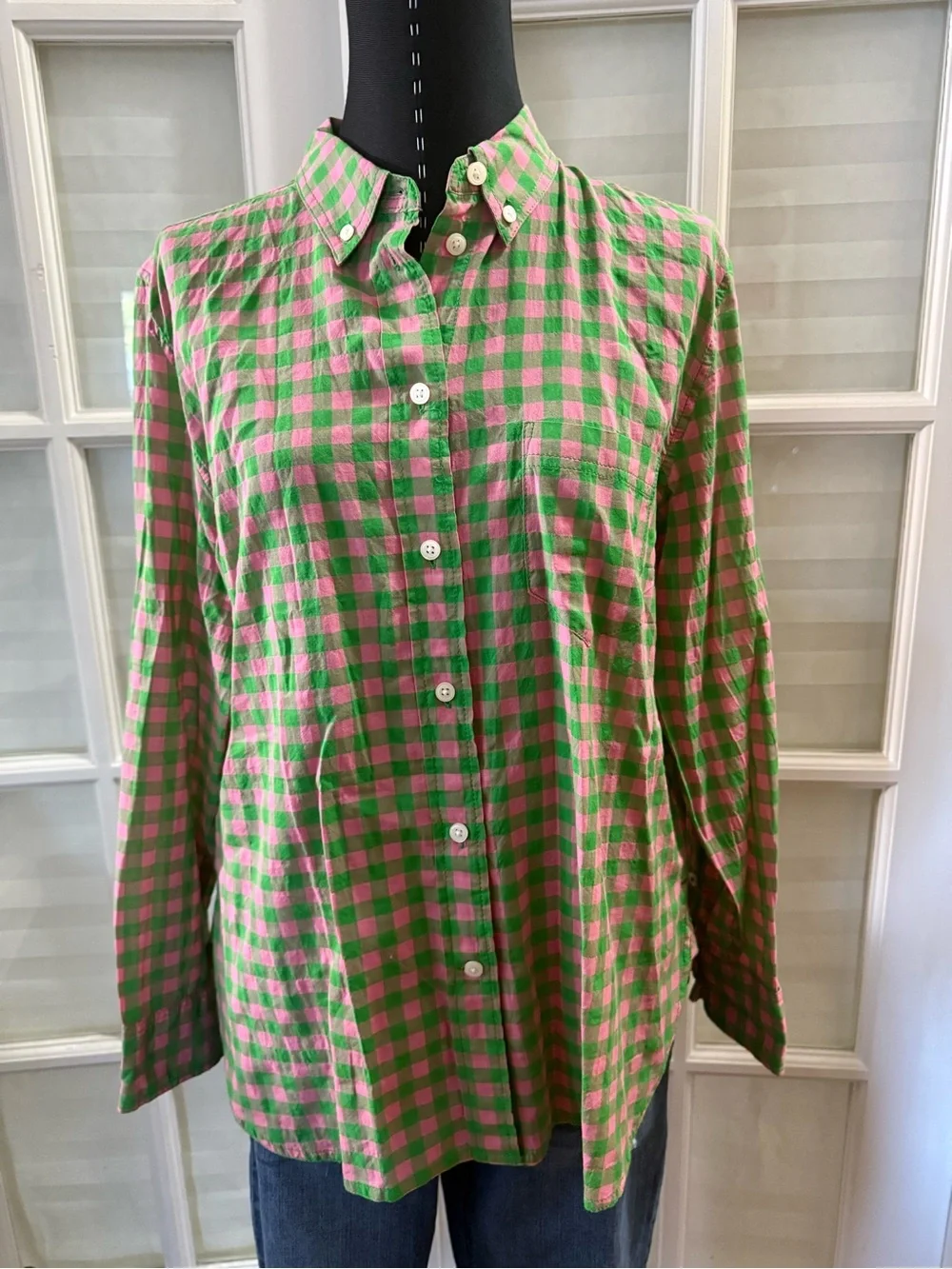 J. Crew Pink and Green Gingham Button-Down Shirt